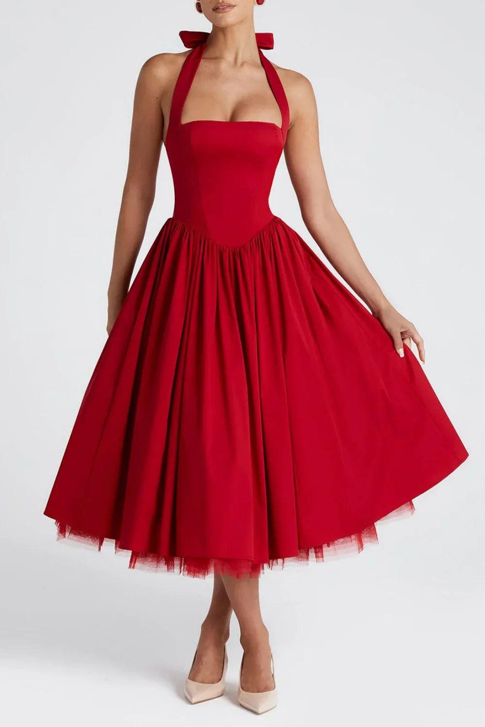 A-line Satin Midi Wedding Guest Dress Halter Neck Elegant Formal Evening Dresses COCOMELODY 848413339701